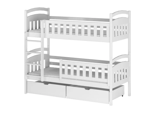 Mål på køjeseng til 3 personer med husdesign og praktiske skuffer.