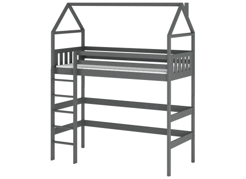 Mørkegrå husformet køjeseng i træ med stige og madras, robust og moderne design.