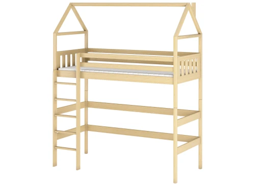 Husformet højseng i lyst træ med stige. Naturlig træfarve og klassisk design til børneværelset.