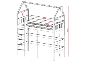 Illustreret måleskema for husseng med stige i træ. Alle relevante dimensioner for montering.
