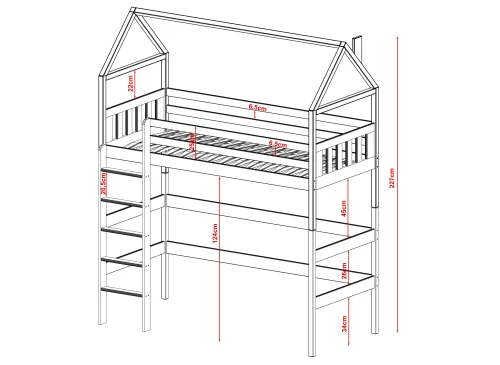Illustreret måleskema for husseng med stige i træ. Alle relevante dimensioner for montering.