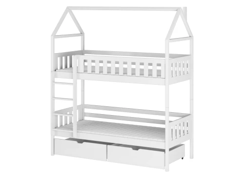 Hvid køjeseng i husform med sikker stige, to sovepladser og to rummelige udtræksskuffer.