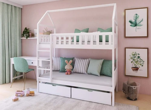Hvid køjeseng med husramme og skuffer i børneværelse med lyserøde vægge, grønne puder og skrivebord.