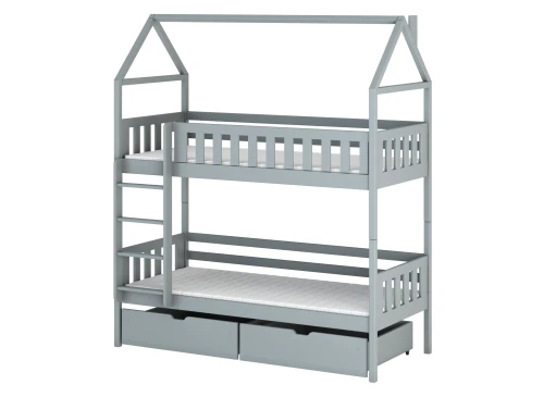 Hvidt skitsebillede af hus-seng med udtræksseng og skuffer, inkl. detaljerede mål.