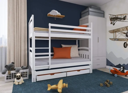 Hvid køjeseng med udtræksseng og skuffer i et børneværelse med blå væg og flytema.