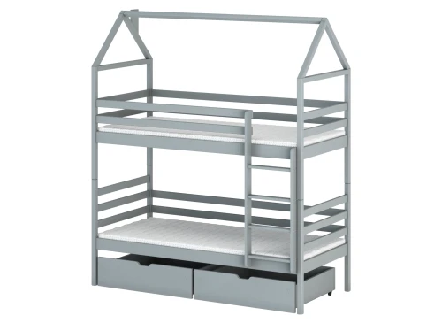 Grå køjeseng med husramme og skuffer på hvid baggrund.