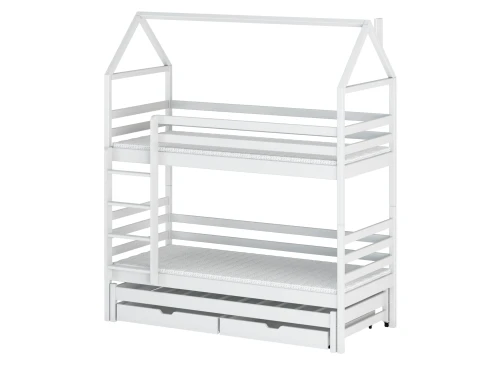 Hvid husseng køjeseng med udtræksseng og opbevaringsskuffer, fritlagt baggrund.