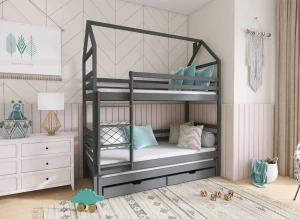 Grå køjeseng i husform med udtræksseng og skuffer, et stilfuldt og praktisk valg til børn.