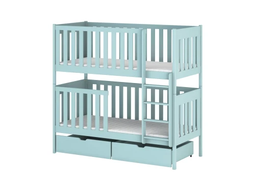 Illustration med dimensioner for en husseng med tre sovepladser og skuffer.