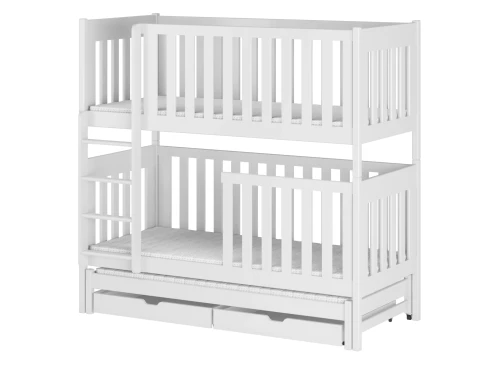 Hvid tremme køjeseng med stige, sengebunde og en udtræksseng med skuffer.