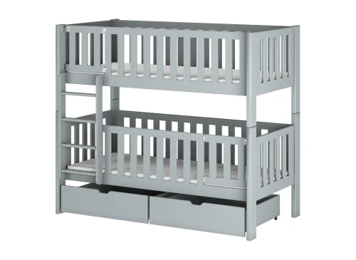 Lysegrå køjeseng med tremmer, stige og to opbevaringsskuffer. Minimalistisk design til børneværelset.