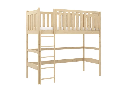Højseng i lyst træ med stige, perfekt for at spare plads i små værelser, naturlig finish.