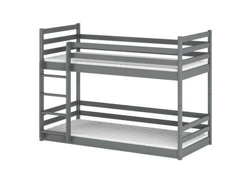 Grå køjeseng med madrasser og stige, isoleret på hvid baggrund. Moderne design til børne- eller teenageværelset.