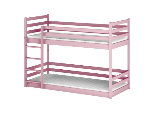 Pink køjeseng med stige og to madrasser, isoleret på hvid baggrund.