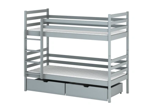 Klassisk køjeseng i kaffebrun træ med to store udtræksskuffer.