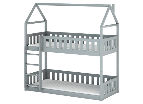 Grå køjeseng i husdesign med madrasser, set fra en vinkel, klar til brug i børneværelset.