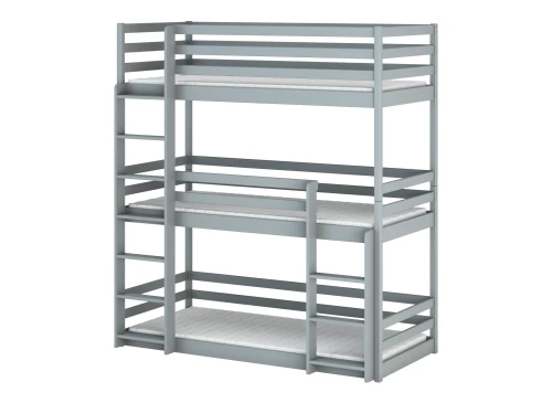 Grå tredobbelt køjeseng med stige og tre madrasser, fritlagt på hvid baggrund.