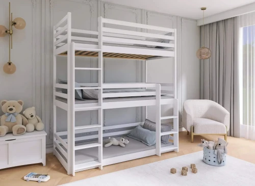 Hvid tredobbelt køjeseng i et moderne børneværelse med gråt sengetøj og hygge.