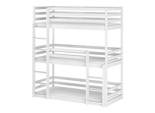 Moderne hvid køjeseng i tre etager uden sengetøj, viser robust konstruktion og pladsbesparende design.