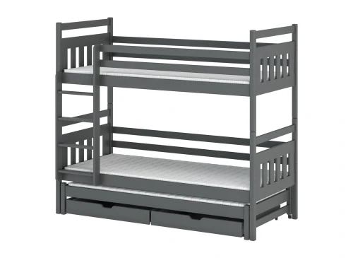 Grå køjeseng med udtræksseng, stige og to opbevaringsskuffer.