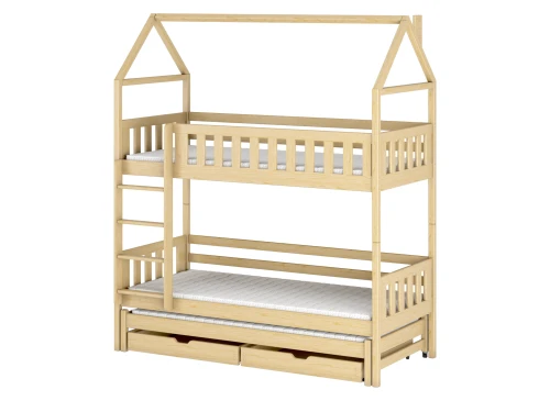 Naturfarvet køjeseng i træ med husramme, udtræksseng og skuffer, set forfra.