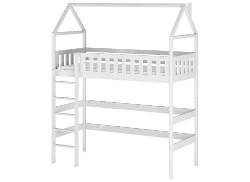 Hvid hus-køjeseng med stige og madras. Stilfuld og pladsbesparende til børneværelset.