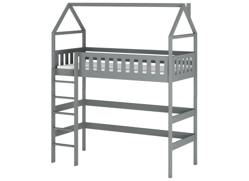 Grå husformet højseng med stige og madras, moderne design til børneværelset.