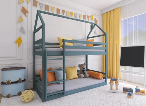 Hvid husrammeseng og gulvseng i lyst børneværelse med farverige puder.