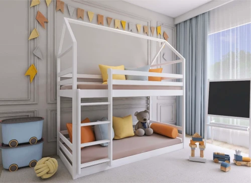 Hvid køjeseng i husform til børneværelse med legetøj og indretning.