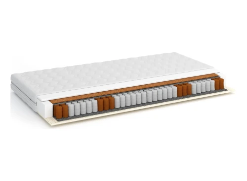 Detaljeret tværsnit af madras, der viser individuelle fjedre og naturlige materialer.