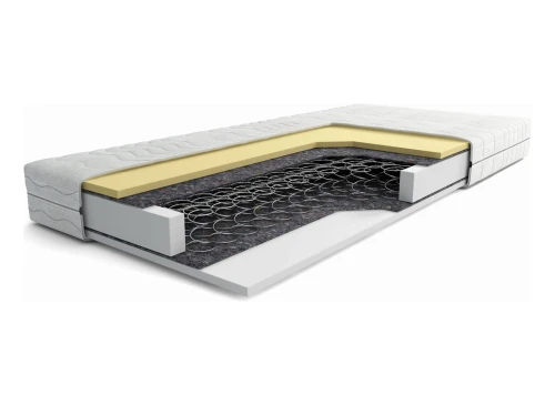 Sektionsbillede af madras, der viser fjedre, komfortskum og tekstil.