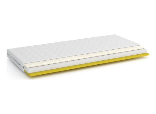 Tværsnit af madras med hvidt betræk, ventilerende mellemlag og gul skumkerne for god søvn.
