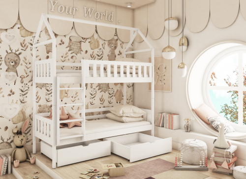 Moderne børnesoveværelse med hvid køjeseng, cirkelvindue og nordisk design.