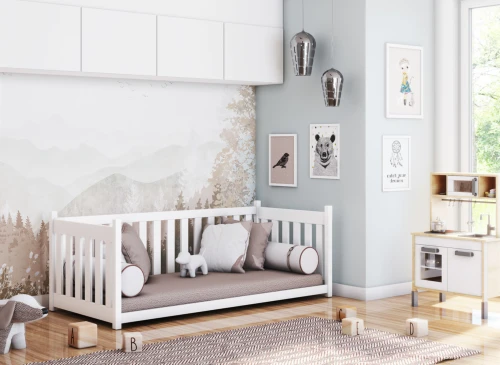 Børneværelse med hvid tremmeseng/daybed, bløde puder og legekøkken i neutralt design.