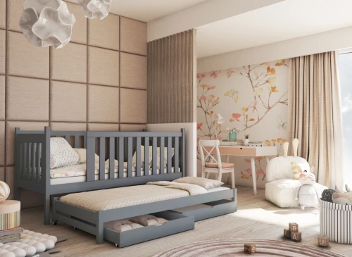 Grå babyseng med aftagelig sengehest, udtræksseng og skuffer i et moderne børneværelse, praktisk design.