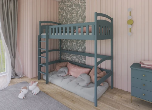 Blågrøn etageseng i pigeværelse med lyserøde vægge og sovesofa.
