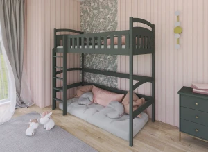 Grønpigmenteret højseng med hyggekrog nederst, ideel til børne- og teenageværelser.
