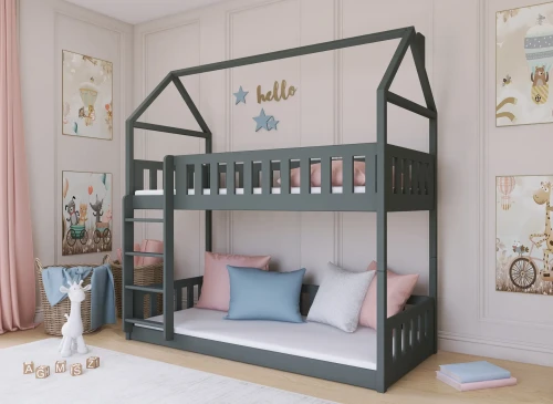 Mørkegrå køjeseng i husdesign, indrettet med lyserøde og blå puder i hyggeligt børneværelse.