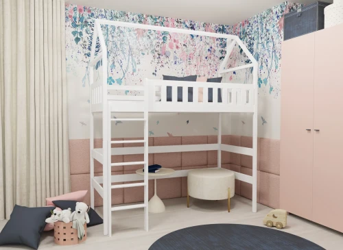 Børneværelse med hvid hus-køjeseng med siddeplads under, pink skab og fantasifuld væg.