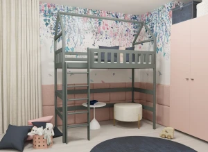 Moderne grå husseng højseng i børneværelse med farverigt tapet og pladsbesparende design.