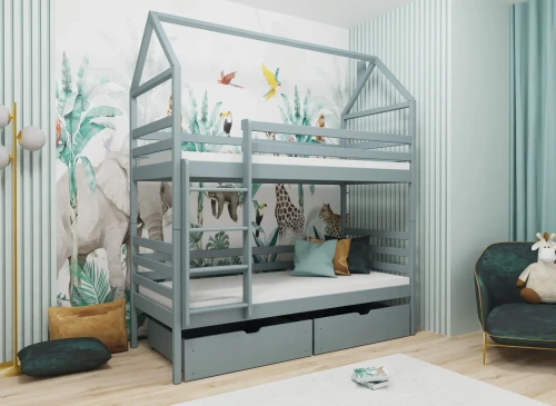 Grå køjeseng med husramme og skuffer i børneværelse med jungleudsmykning.