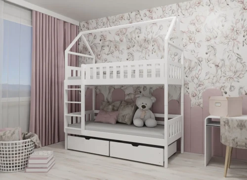 Hvid køjeseng med husramme, skuffer, i børneværelse med lyserøde gardiner og enhjørningetapet.