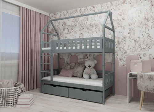 Grå køjeseng med husramme, skuffer, i børneværelse med lyserøde gardiner og heste-tapet.