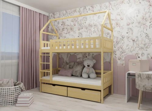 Køjeseng af naturligt træ med husramme, skuffer, i børneværelse med lyserøde gardiner og enhjørningetapet.