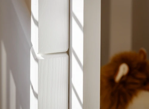 Nærbillede af hvide tremmer i træ med skygger, et uklart tøjdyr i baggrunden af børnesengen.