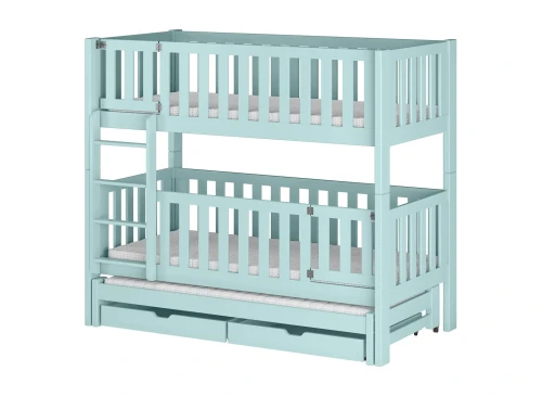 Detaljeret oversigt over mål på en køjeseng til tre personer med ekstra udtræksdel.