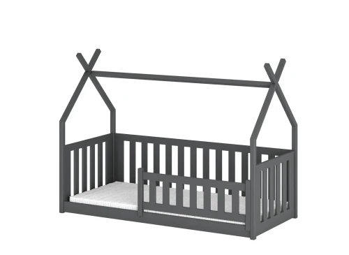 Illustration af børneseng med tipi-stel, udtræksseng og skuffer.