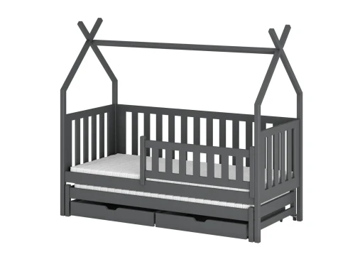 Teknisk tegning af tipiseng til børn med præcise mål og skuffer.