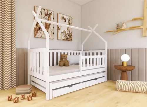 Hvid træ hus-seng med skuffer, bamse, og skov-tema dekoration i et moderne børneværelse.