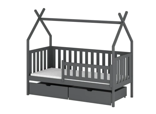 Dimensioner for børneseng i tipi-design med to store underskuffer.